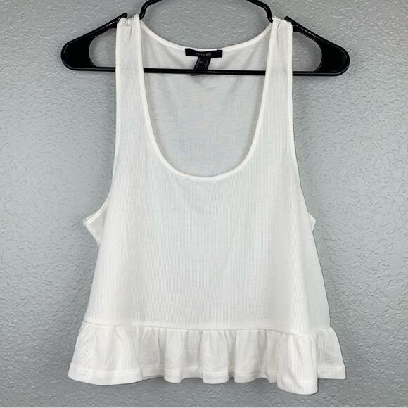 Forever 21 Womens Scoop Neck Sleeveless Ruffle Hem Ribbed Tank Top White Large - Picture 1 of 5